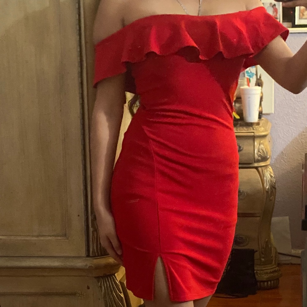 Red off shoulder dress